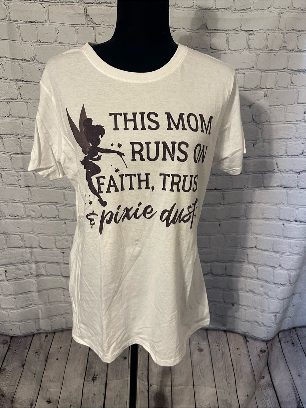 Disney White Short Sleeve Tee with Brown Tinker Bell Graphic & Script